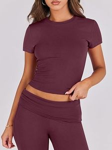 Conjunto de yoga personalizado de 2 piezas para mujer, Top corto de media manga y mallas acampanadas de cintura alta, pantalón de Yoga de tela suave, ropa deportiva, venta al por mayor - Product Image 5