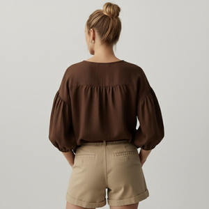 Chemise courte en lin décontractée pour femmes avec manches bouffantes Printemps Été Lavable Design simple - Product Image 5