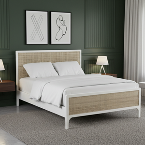 Lit en bois massif en acajou, taille king ou queen, avec design en rotin naturel peint en blanc, meubles pour la maison et l'hôtel - Product Image 6