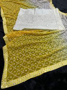 ชุดส่าหรีผ้าจอร์เจียสุดหรูของอินเดียพร้อมเสื้อเบลาส์แฟนซีมีสไตล์สำหรับปาร์ตี้ตามฤดูกาล - Product Image 4