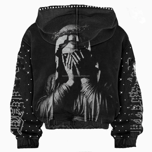 Sudadera Personalizada de Estilo Urbano con Bordado, Gruesa, Deslavada al Sol, con Cierre, Lavado Ácido, con Pedrería, Corte Cuadrado, Distressed, para Hombre - Product Image 2