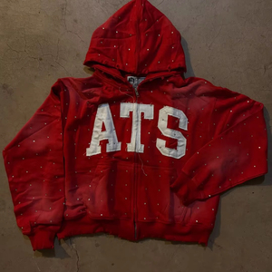 Sudadera con capucha con cremallera recortada con apliques de parche desgastados lavados con ácido Vintage de peso pesado personalizado - Product Image 1