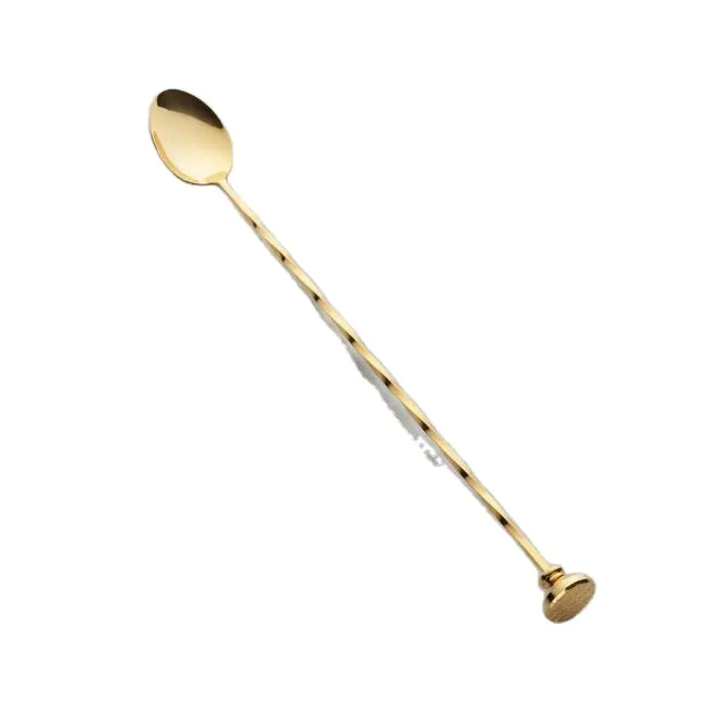 Gold Bar Spoon With Muddler Gold-Plated Stainless Steel Long Spiral Cocktail Mixing Stirrer Stirring Bar Spoon Wholesale 2023