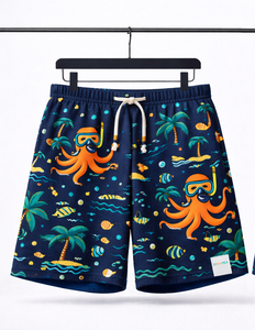 กางเกงชายหาดผู้ชายแบบสั่งทำพิเศษ – กางเกงขาสั้นลำลองพิมพ์ลายการ์ตูนเอวยางยืดพร้อมเชือกผูก (สีกรมท่า) - Product Image 1