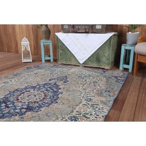 Alfombra Turca de 4.7x7.4 pies, Alfombra Vintage de Lana Azul con Diseño Geométrico y Elementos Florales, Base de Látex - Product Image 5