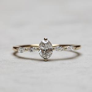 6x4mm Oval Cut Moissanite Engagement Ring with Marquise and Round Side <b>Stones</b> | Dainty Wedding Jewelry - Product Image 1