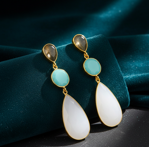 Boucles d'oreilles en quartz fumé et pierre d'eau, argent sterling 925 avec placage or 18 carats, boucles d'oreilles de créateur en forme de poire et de rond - Product Image 5