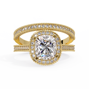 Ensemble de bagues de fiançailles vintage avec diamant de laboratoire taille coussin et halo, certifié IGI, en or 14K, avec bordure milgrain, pour mariages et cérémonies, par le fabricant - Product Image 3