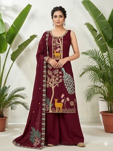 Wholesale Indian Ethnic Wear Designer Embroidered Kurta Palazzo Dupatta Set Women 3 Piece Suit Peacock Handwork Party Wear - Product Image 3