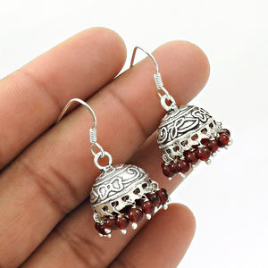 Solide 925 argent Sterling naturel rouge grenat pierre précieuse Style ethnique Jhumka boucle d'oreille pour femme filles janvier pierre de naissance bijoux - Product Image 4