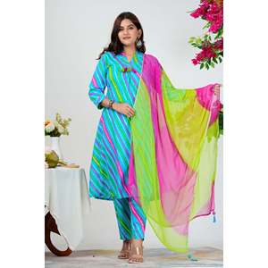 Conjunto de Kurta de Georgette a Rayas Azul Agua Vibrante con Dupatta Ombré Rosa-Verde, Estilo Bollywood, Ropa Étnica India, Saree Choli - Product Image 3