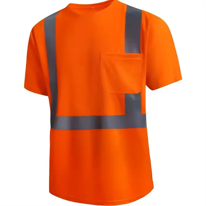 customized mens breathable construction reflective tape safety t-shirt men front pocket gray reflector orange t shirt CP-MTS-01