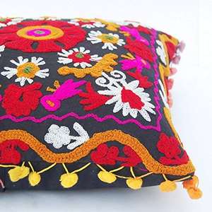 Suzani <b>Cushion</b> Decorative Embroidered <b>Covers</b> <b>Indian</b> <b>Cushion</b> Embroidered <b>Cover</b> <b>Indian</b> Handcrafted Pom Pom <b>Cushion</b> <b>Cover</b> - Product Image 4