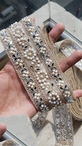 Encajes de trabajo de hilo bordado hechos a medida, opciones multicolor con perlas blancas fijas en 1,5 pulgadas de ancho - Product Image 2