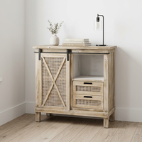 Buffet rustique en bois de style ferme avec portes coulissantes en rotin et 2 tiroirs, meuble de rangement console
