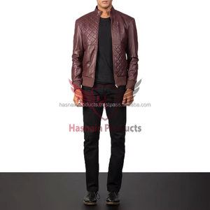 Chaqueta Bomber de Cuero Genuino para Hombre, Color Granate, con Paneles Acolchados, Cuello Alto, Cremallera, Bolsillo en el Pecho, Piel de Oveja, Estilo Biker, Personalizada - Product Image 4