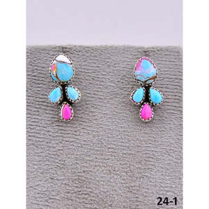 Southwest Style Cotton Candy Turquoise & Sterling <b>Silver</b> <b>Stud</b> Earrings Bezel Setting Flower Pattern Post Earrings - Product Image 2