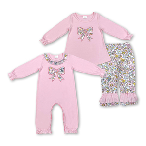 Ensemble vêtements bébé fille rose à volants et nœuds, manches longues, OEM/ODM/RTS - Product Image 2