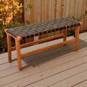 Banco de Jardín de Madera de Teca Ecológico Hecho a Mano, Asiento con Correa de Cuero Tejido, Muebles de Exterior para Patio, Balcón, Villa o Resort - Product Image 2