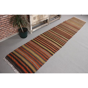 Turkish 2.1x11.2 ft Rug, Kilim Vintage Rug, <b>Brown</b> Camouflage Rug <b>Wool</b> - Product Image 3