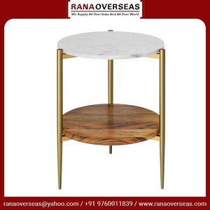 Modern Gold-Plated Polished Metal Legs White Top Marble & Wood Round Coffee <b>Table</b> for Home Office Living Room - Product Image 4