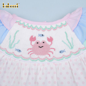 Customized <b>Crab</b> 3D Pattern Hand Smocked Baby Ruffle Dress Embroidery 100% Cotton Eco-Friendly Long Sleeve A-<b>Line</b> for - Product Image 3