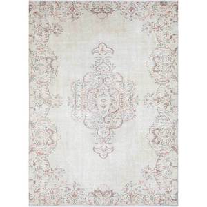 Tapis en laine noués à la main vintage ivoire Pae-1570 pour la maison - Motif médaillon rectangulaire abstrait pour salon, couloir, entrée - Product Image 1