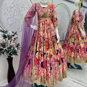 Conjunto de Vestido Anarkali Elegante con Estampado Floral Unity Luxure, Cuello en V, Dupatta Bordada, Tela Georgette Transpirable para Fiestas de Verano - Product Image 1