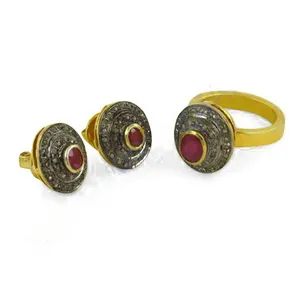 Ensemble de boucles d'oreilles et bague en or plaqué avec rubis, design pavé classique, bijoux pour femmes, bijoux de mariage, ensembles de bijoux en alliage - Product Image 2