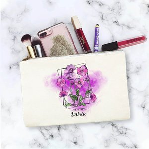 Trousse de Maquillage Personnalisée Extra Large en Toile, Écologique et Durable, avec Fermeture Éclair et Logo Personnalisé, Pliable, Motif Fleur de Naissance, Cadeau pour Elle - Product Image 1