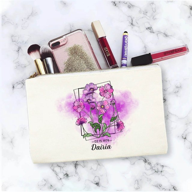 Personalized Medium Elegant Canvas Makeup Bag Eco-Friendly Durable Custom Logo Zipper Closure Foldable Birth Flower Gift Her