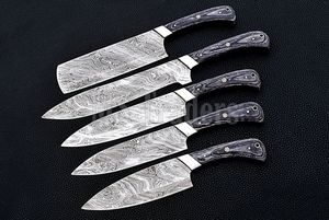 Juego de Cuchillos de Chef de Acero de Damasco de 5 Piezas, Hechos a Mano, Calidad Premium con Mango de Madera, Personalizables OEM con Funda de Cuero - Product Image 4