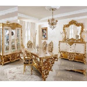 Ensemble table à manger 6 places en bois massif de style européen Mobilier de salle à manger de luxe sculpté à la main Ensemble de salle à manger en bois de teck dernier modèle - Product Image 1