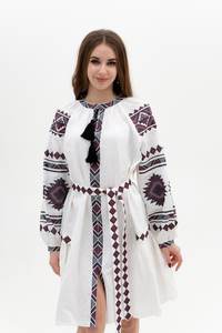 Robe longue brodée florale à manches longues et col en V pour femmes 100% coton tissé à la taille d'automne avec manchette à lacets et col en V - Product Image 3