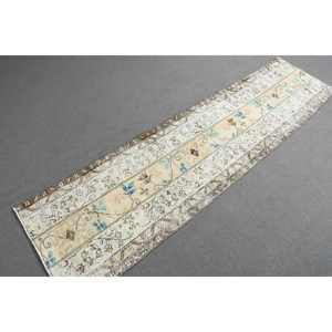 Turkish Vintage Rug, 1.9x7.6 ft <b>Runner</b> Rug, White <b>Blue</b> Abstract Rug - Product Image 3
