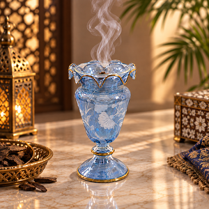 ZAHEREEN LW89 Quemador de incienso floral esmerilado de lujo egipcio, hecho a mano, de vidrio resistente al calor, con ribete de oro de 24k para Bakhoor Oud en el hogar - Product Image 1