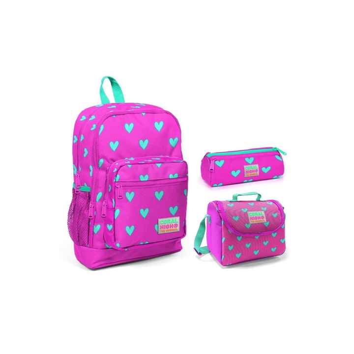 Pink Heart Printed Girls Primary School Bag Set of 3