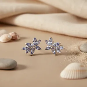 14K Gold Plated Trendy Flower Stud <b>Earrings</b> with Tanzanite Diamond Geometric Main Stone <b>for</b> Engagement 925 Silver Women's Gift - Product Image 1