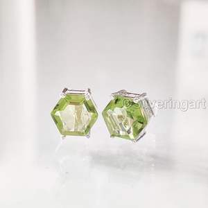Pendientes de Botón para Mujer, Piedra Preciosa de Peridoto Natural, Piedra de Nacimiento de Agosto, Regalo de San Valentín, Joyería Hecha a Mano, Pendientes de Plata de Ley 925 - Product Image 2