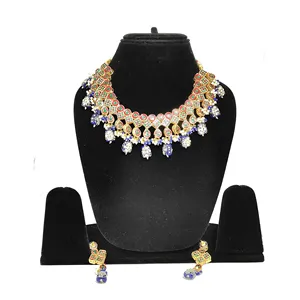 Blue Kundan <b>Studded</b> Three-Layer Necklace Set with Pear Cut Diamonds for Weddings - Product Image 3