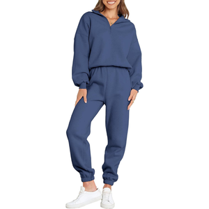 Survêtements tendance avec logo personnalisé pour femmes, sweat-shirt surdimensionné à demi-fermeture éclair, pantalons de jogging à jambes larges, survêtements - Product Image 5
