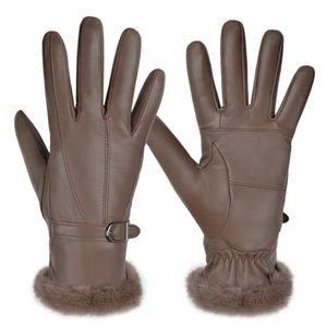Guantes de cuero marrón con forro de piel sintética, térmicos, hasta la muñeca, estilo sencillo, para uso en exteriores en invierno - Product Image 1
