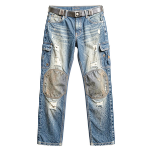 Jean en denim pour homme, coupe slim, avec logo vintage, renforts robustes, double genou renforcé, pour travailleurs industriels, durable et effet usé - Product Image 2