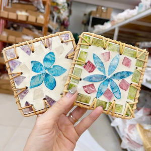 Handmade <b>Square</b> Rattan Woven <b>Placemat</b> Featuring Mother of Pearl Shell Mosaic Direct Factory Wholesale Custom Logo Vietnam - Product Image 1