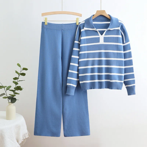 Conjunto de suéter para mujer, conjunto de dos piezas de pantalones de pierna ancha de punto suelto informal con rayas contrastantes europeas y americanas para mujer, envío directo - Product Image 3