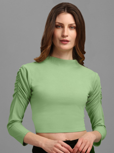 Top corto cuadrado liso para mujer con cuello alto y mangas completas en tela de poliéster de ajuste relajado - Product Image 3