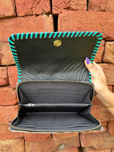 Porte-monnaie en cuir sculpté usiné à la main pochette étui de téléphone élégant portefeuilles en cuir de vachette portefeuille de couleur turquoise pour les femmes - Product Image 6