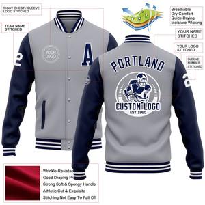 Custom gris azul marino-blanco bombardero Full-Snap Varsity Letterman dos tonos chaqueta cortavientos Streetwear vintage hombres Varsity chaqueta - Product Image 2