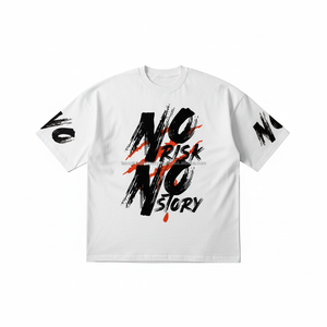 T-shirt graphique pour homme « No Risk No Stor » avec typographie audacieuse à effets de pinceaux, coupe oversize, blanc, streetwear, en coton, logo personnalisé, OEM - Product Image 1