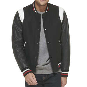 Blouson bombardier classique Letterman à rayures côtelées pour homme Veste à boutons-pression Streetwear athlétique élégante Veste en cuir noir bleu marine - Product Image 6